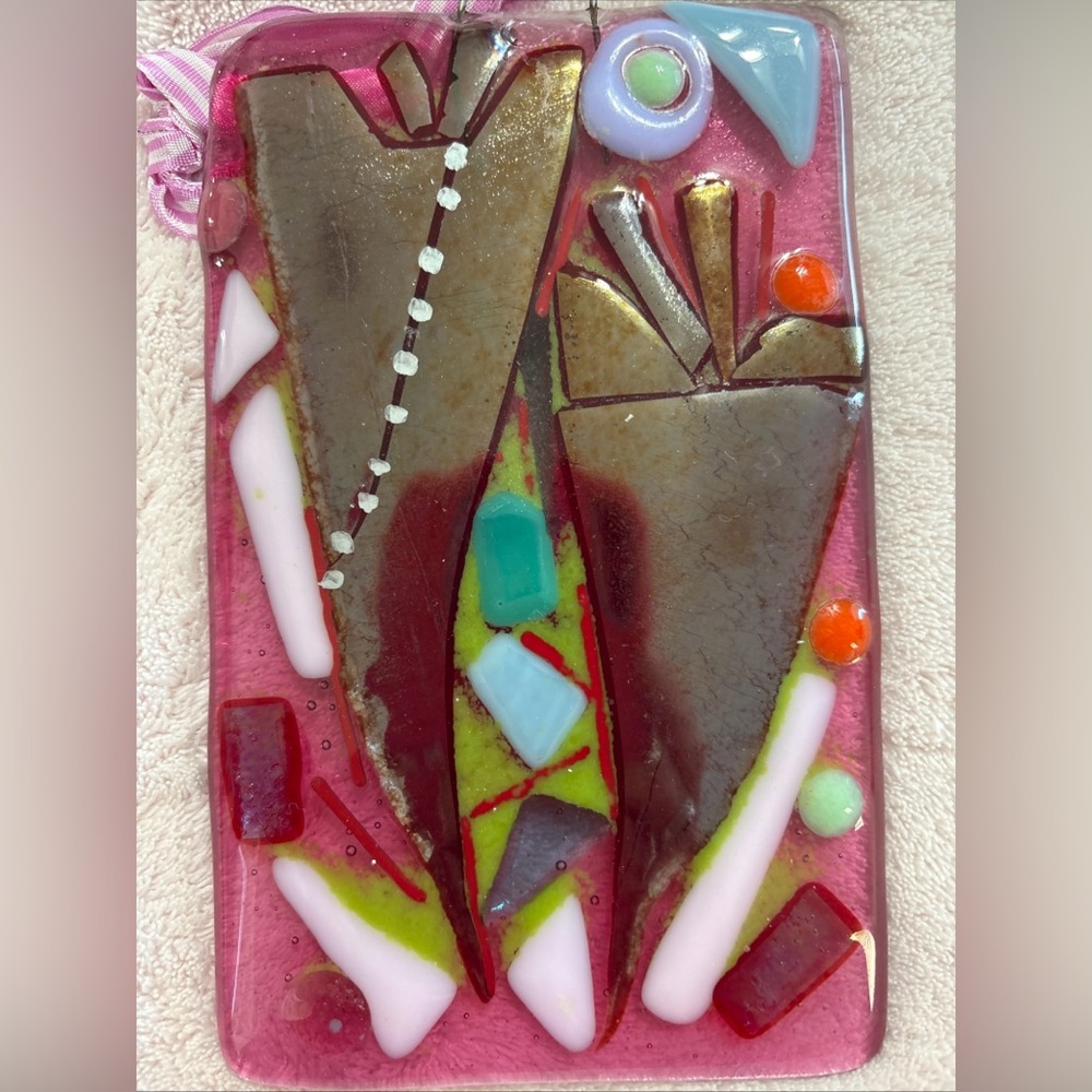 Twin HeartsFused Art Glass Handmade Hanging Plaque Original Scarlet 7”x4”
